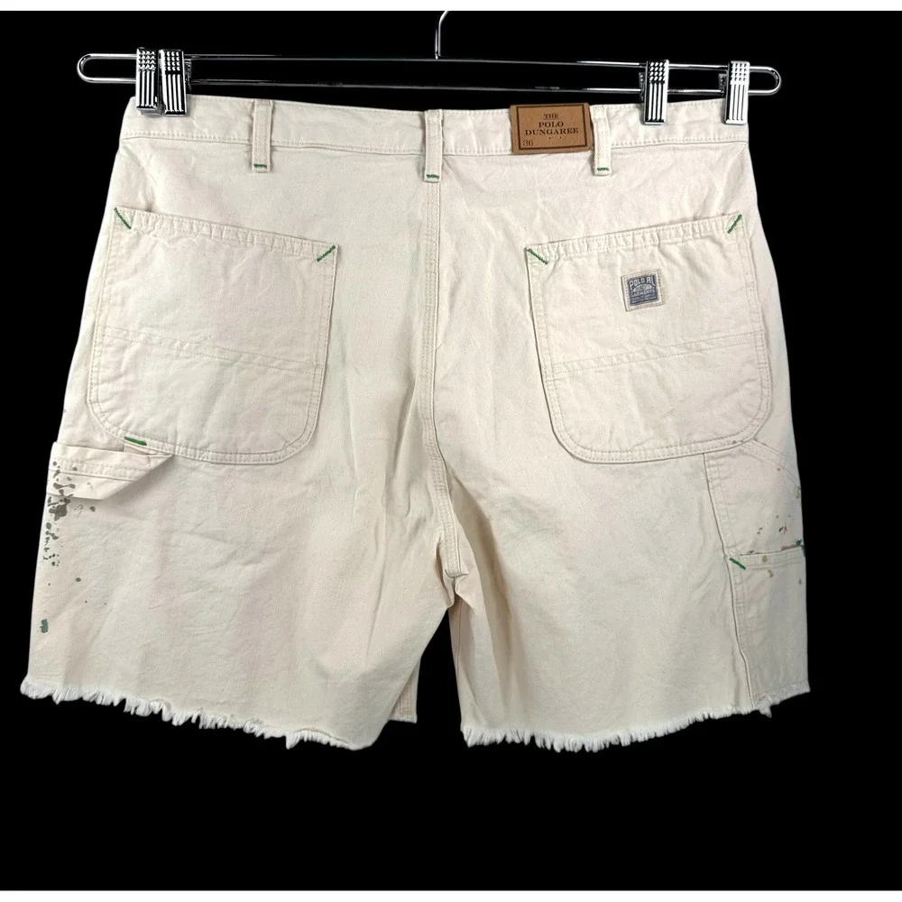 Polo Ralph Lauren Dungaree Shorts sz 36 Off White Paint Splatter Raw Hem